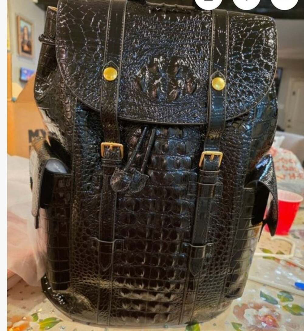 Privata Black Patent Crocodile Embossed Faux Leather Backpack